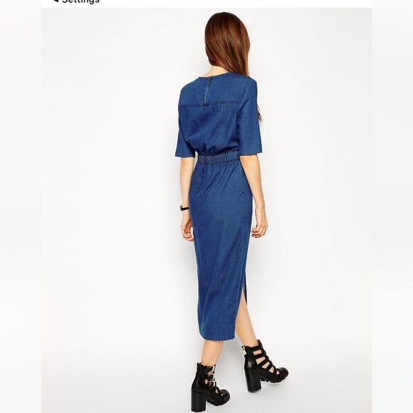 ASOS Denim Midi Length Waisted Denim T-Shirt Dress in Mid Wash - Picture 1 of 15